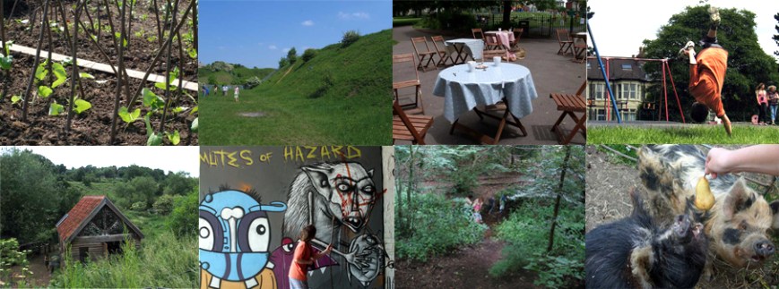 Photographs of some of the destinations of our exploratory journeys by the children and their parents/carers: St Werburgh's allotments, Narroways, St Andrew's park, Boiling Wells, graffiti tunnel, Oldbury Court, feeding the pigs at St Werburgh's City Farm